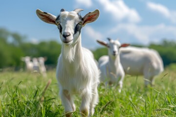 Obraz premium View from beside body of a three Anglo-Nubian goat standing on grass, Awe-inspiring, Full body shot ::2 low Angle View
