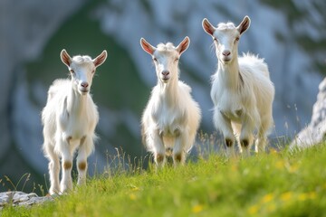 Obraz premium View from beside body of a three Toggenburg goat standing on grass, Awe-inspiring, Full body shot ::2 low Angle View