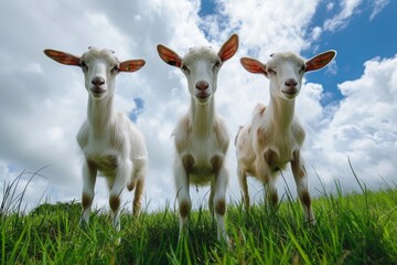 Obraz premium View from beside body of a three Kacang goat standing on grass, Awe-inspiring, Full body shot ::2 low Angle View