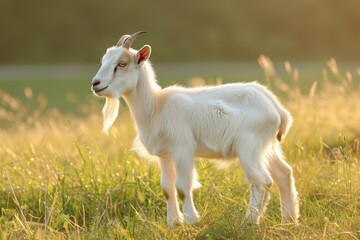 Obraz premium View from side body of a Alpine goat standing on grass, Awe-inspiring, Full body shot ::2 Side Angle View