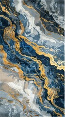 Abstract art with flowing patterns of blue, gray, white, and gold, resembling marble or liquid metal. The gold accents add a touch of luxury to the dynamic composition.