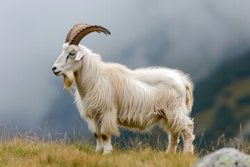 Obraz premium View from side body of a Alpine goat standing on grass, Awe-inspiring, Full body shot ::2 Side Angle View