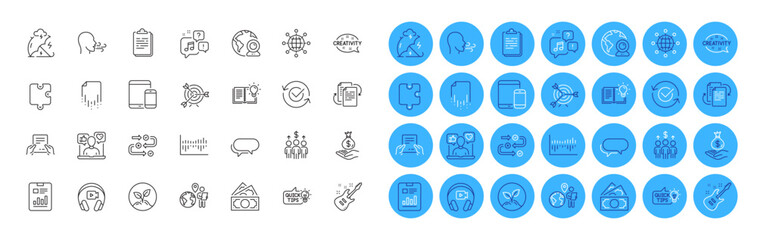 Fototapeta premium Creativity, Startup and Report document line icons pack. Income money, Approved, Messenger web icon. Mobile devices, Meeting, Social media pictogram. Target, Puzzle, International globe. Vector