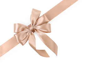 Golden satin ribbon with bow isolated on white, top view