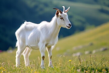 Obraz premium View from side body of a Alpine goat standing on grass, Awe-inspiring, Full body shot ::2 Side Angle View