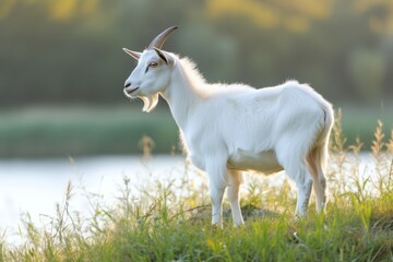 Obraz premium View from side body of a Anglo-Nubian goat standing on grass, Awe-inspiring, Full body shot ::2 Side Angle View