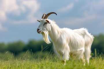 Fototapeta premium View from side body of a Kacang goat standing on grass, Awe-inspiring, Full body shot ::2 Side Angle View