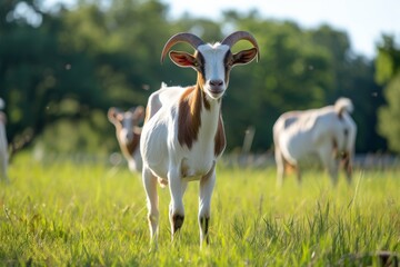Obraz premium View from side body of a three boer goat standing on grass, Awe-inspiring, Full body shot ::2 Side Angle View
