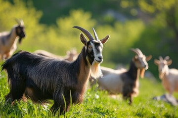 Fototapeta premium View from side body of a three Etawah goat standing on grass, Awe-inspiring, Full body shot ::2 Side Angle View