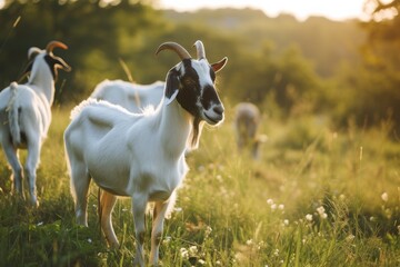Fototapeta premium View from side body of a three boer goat standing on grass, Awe-inspiring, Full body shot ::2 Side Angle View