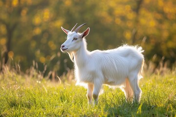 Fototapeta premium View from side body of a three Kacang goat standing on grass, Awe-inspiring, Full body shot ::2 Side Angle View