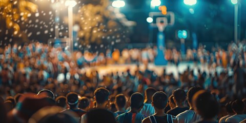 hazy background of a basketball floor full of people