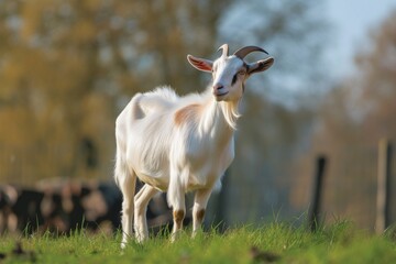 Fototapeta premium View from side body of a three Anglo-Nubian goat standing on grass, Awe-inspiring, Full body shot ::2 Side Angle View