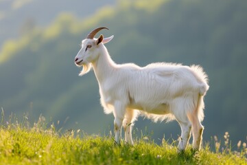 Obraz premium View from side body of a three Saanen goat standing on grass, Awe-inspiring, Full body shot ::2 Side Angle View