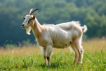 Obraz premium View from side body of a Toggenburg goat standing on grass, Awe-inspiring, Full body shot ::2 Side Angle View