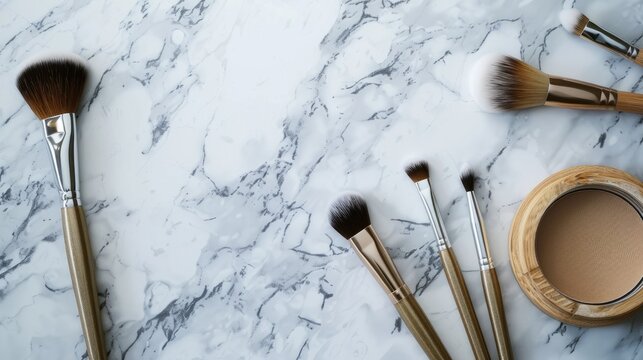 Makeup tools on marble surface for makeup artist card with space