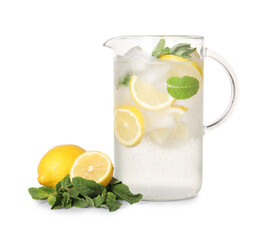 Freshly made lemonade with mint in jug isolated on white
