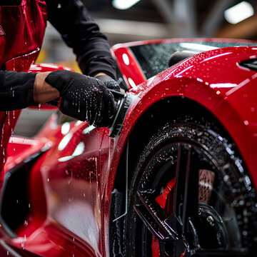 A mechanic working cleaning a supercar