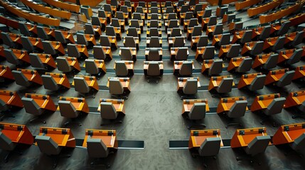 Fototapeta premium Empty parliamentary hall with neat rows of modern desks and chairs. Ideal for political concepts. Symmetrical pattern seen from above. Used for educational or governmental purposes. AI