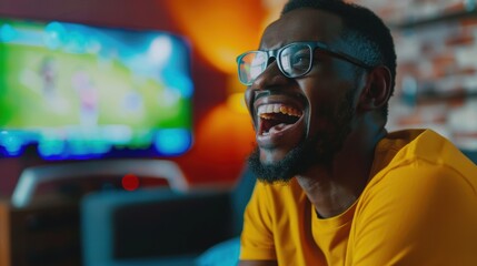 A young African man cheering on his preferred team while watching a sporting event on television. A contented man watching a sporting event on television
