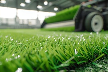 Inside a sports facility, a cleaning machine with a brush is used to maintain the different synthetic sports surfaces. Green fake grass soccer pitch made of synthetic materials