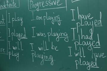 English grammar rules written with chalk on green board