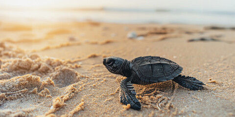 Tiny olive ridley sea turtle hatchling crawling on sandy beach at sunrise