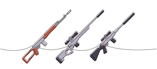 Set of sniper rifles one line colored continuous drawing. Various modern weapons continuous one line illustration. Vector linear illustration.