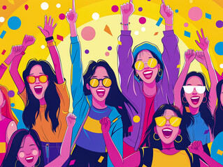 A group of women are celebrating with each other. They are all smiling and wearing sunglasses. The image has a happy and celebratory mood