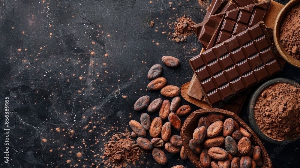 Poster Dark chocolate bars and cocoa beans on a rustic tabletop. The image captures the essence of chocolate making. Perfect for food-related content, recipes, and advertisements. 