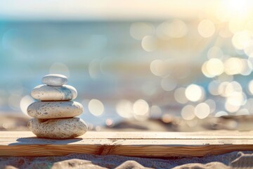 Stones jy wooden benches on a beach near the sea.