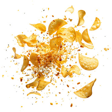 Potato chips exploding floating on the air, transparent background