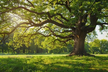 The meadow in spring is dotted with a big tree with fresh green leaves