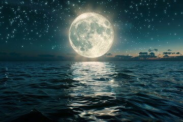 In the night sky, the full moon rises over the empty ocean