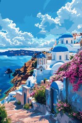 Scheap paint by numbers picture of Santorini, vector illustration, cute, greek architecture, beautiful colors, white buildings with blue domes on the cliffside overlooking ocean, flowers and trees in 