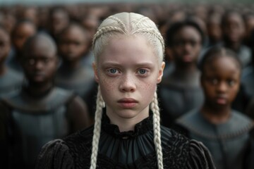 Obraz premium Serious young girl with braids in a crowd