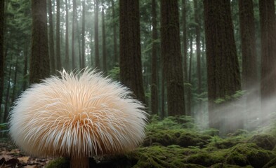 Obraz premium A conceptual image of the Lion's Mane mushroom in the forest. Biohacking. Banner, poster, background, copy space. Close-up.