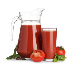 Tasty tomato juice, fresh vegetables and spices isolated on white