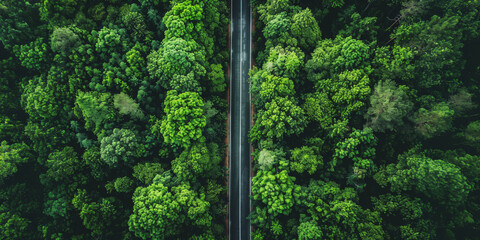 Aerial view of a straight road through a lush green forest
