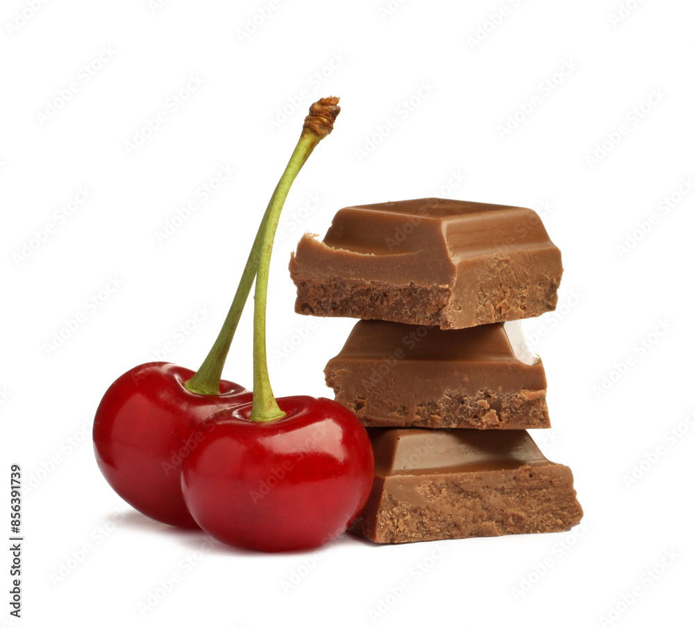 Sticker fresh cherries with pieces of milk chocolate isolated on white - Stickers