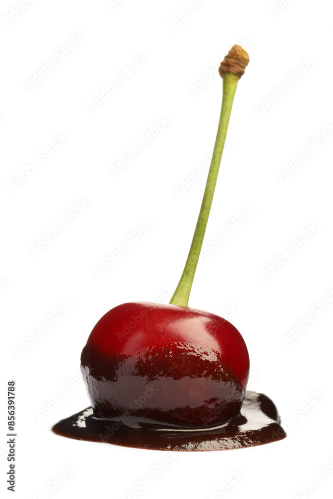 Wall mural fresh cherry with melted chocolate isolated on white - Wall murals