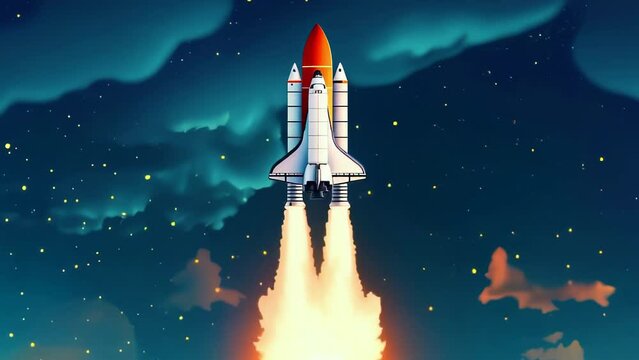 Rocket launch with smoke and clouds in the sky. Space shuttle taking off for a space exploration mission. High quality 4k footage