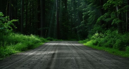 Obraz premium Serene forest pathway through lush green trees