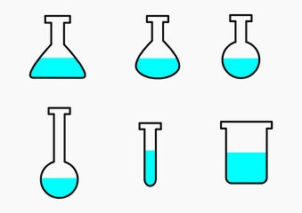 Chemistry laboratory flask with liquid for test. Lab beaker equipment set. Chemical science experimental volumetric tool. Pharmaceutical transparent jar with  fluid science teacher figure