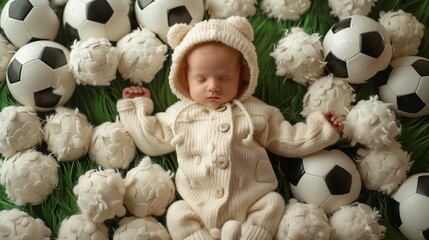 a newborn sleeping among the balls