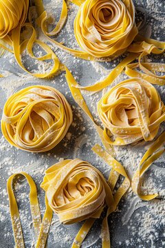 fresh tagliatelle, fresh papardelle, fresh spaghetti, fresh pasta sheets, on a dusted countertop, top view shot by Skyler Burt with Canon EF-S 35mm f/2