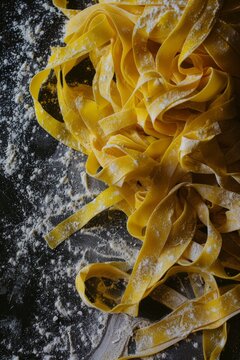 fresh tagliatelle, fresh papardelle, fresh spaghetti, fresh pasta sheets, on a dusted countertop, top view shot by Skyler Burt with Canon EF-S 35mm f/2