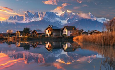 Fototapeta premium A clear, gorgeous reflection of the sky and water on Chamonix's Chesery lake (Lac De Cheserys). The Monte Bianco range of mountains in the background makes for an incredible landscape photograph.