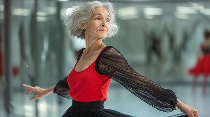 Senior woman with grey hair dancing ballet in a dance studio