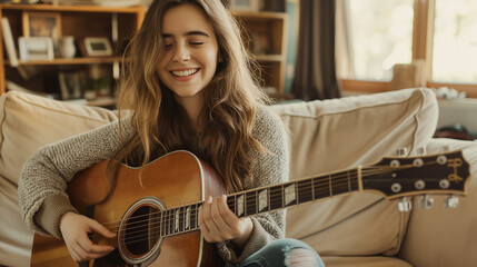 Young woman playing acoustic guitar and singing at home on couch